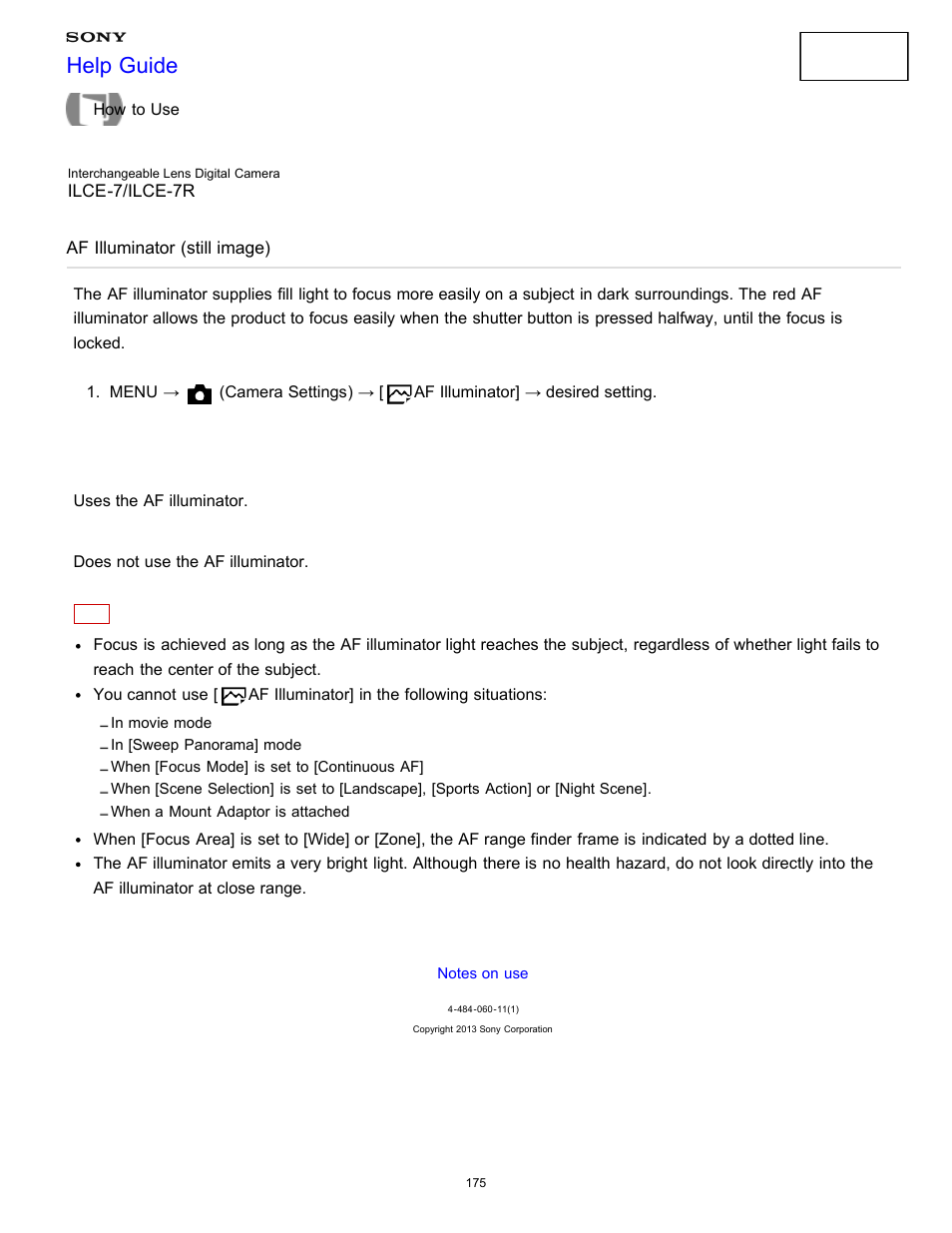 Af illuminator (still image), Help guide | Sony ILCE-7K User Manual | Page 184 / 455