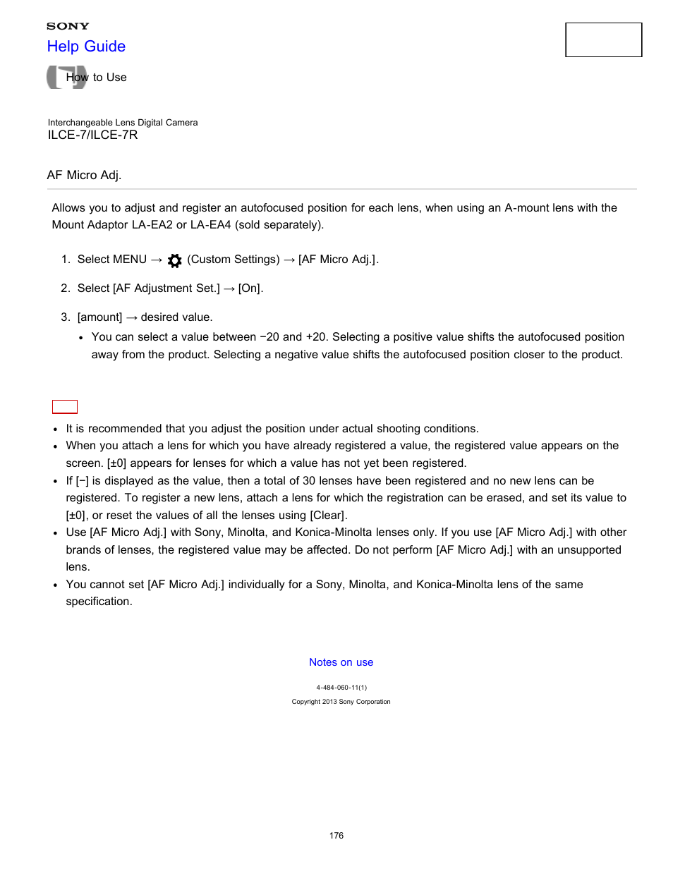 Af micro adj, Help guide | Sony ILCE-7K User Manual | Page 185 / 455