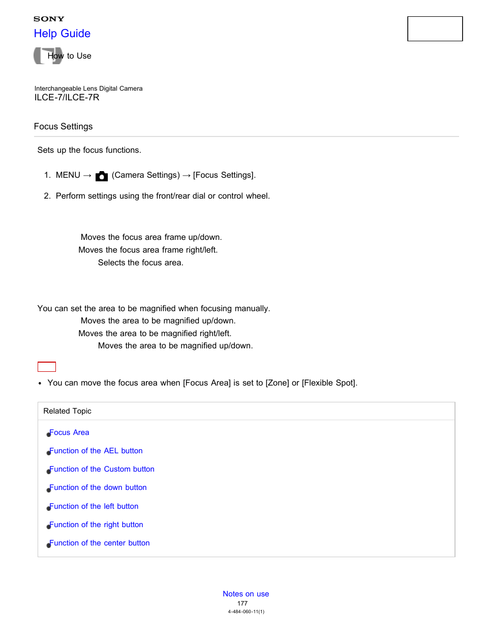 Focus settings, Sets up the focus functions, Help guide | Sony ILCE-7K User Manual | Page 186 / 455