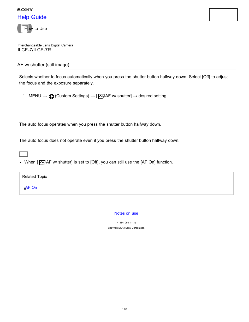 Af w/ shutter (still image), Help guide | Sony ILCE-7K User Manual | Page 187 / 455