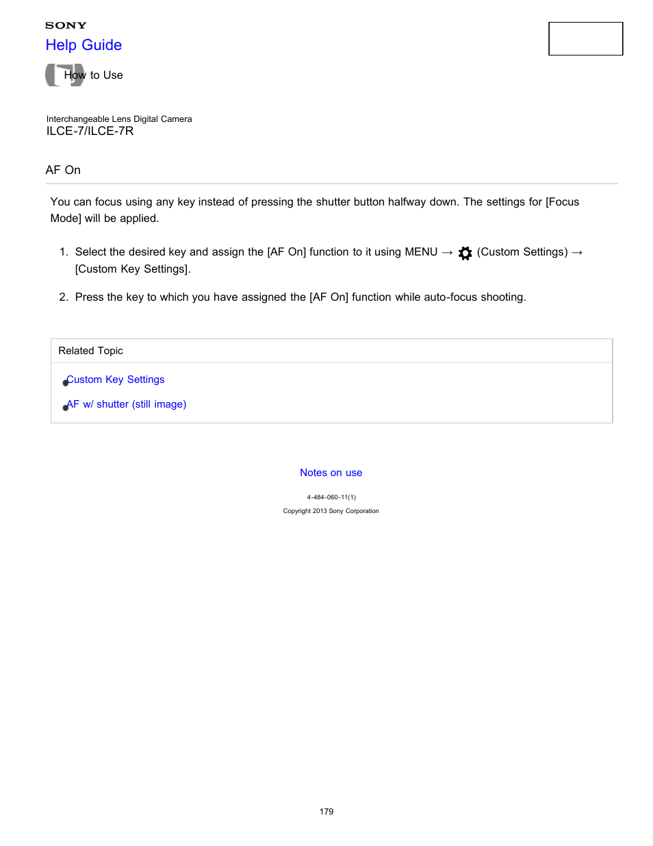 Af on, Help guide | Sony ILCE-7K User Manual | Page 188 / 455