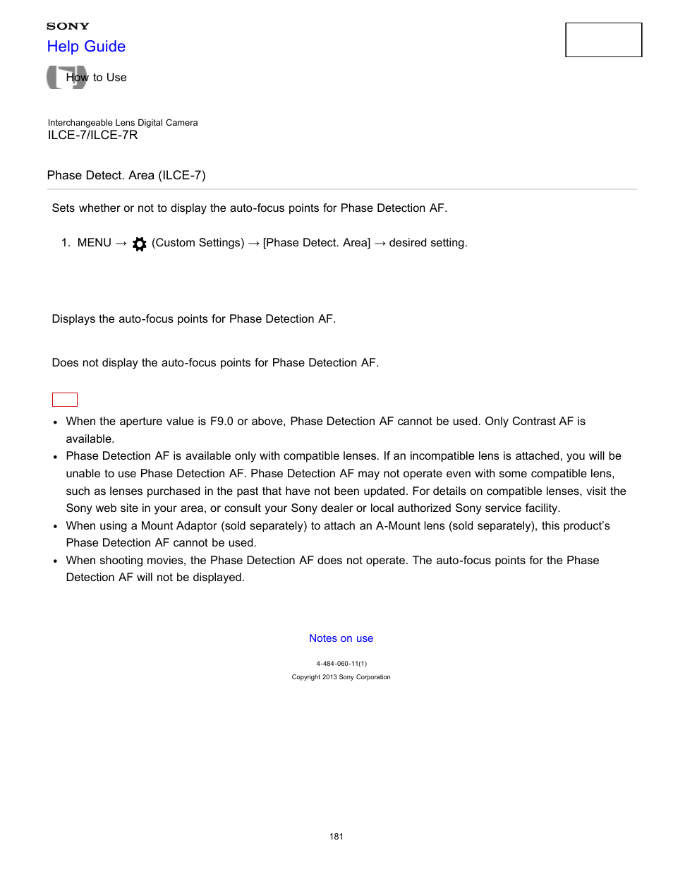 Phase detect. area (ilce-7), Help guide | Sony ILCE-7K User Manual | Page 190 / 455