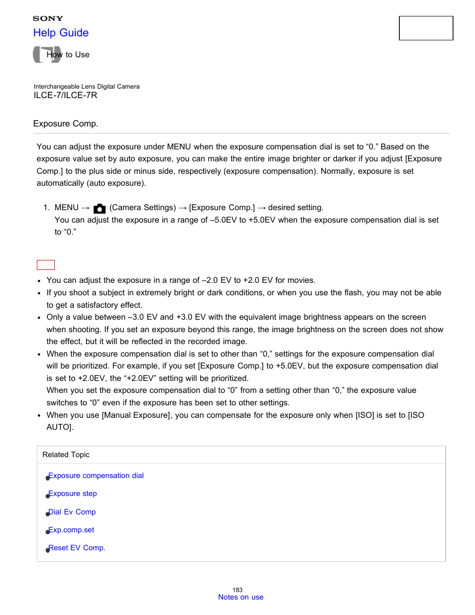 Exposure comp, Help guide | Sony ILCE-7K User Manual | Page 192 / 455