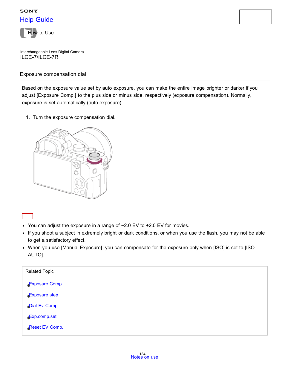 Exposure compensation dial, Help guide | Sony ILCE-7K User Manual | Page 193 / 455