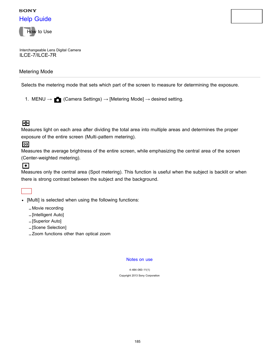 Metering mode, Help guide | Sony ILCE-7K User Manual | Page 194 / 455