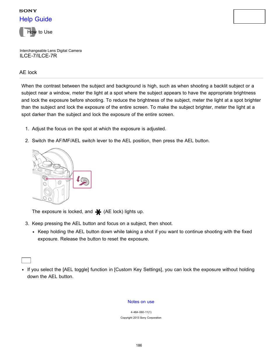 Ae lock, Help guide | Sony ILCE-7K User Manual | Page 195 / 455