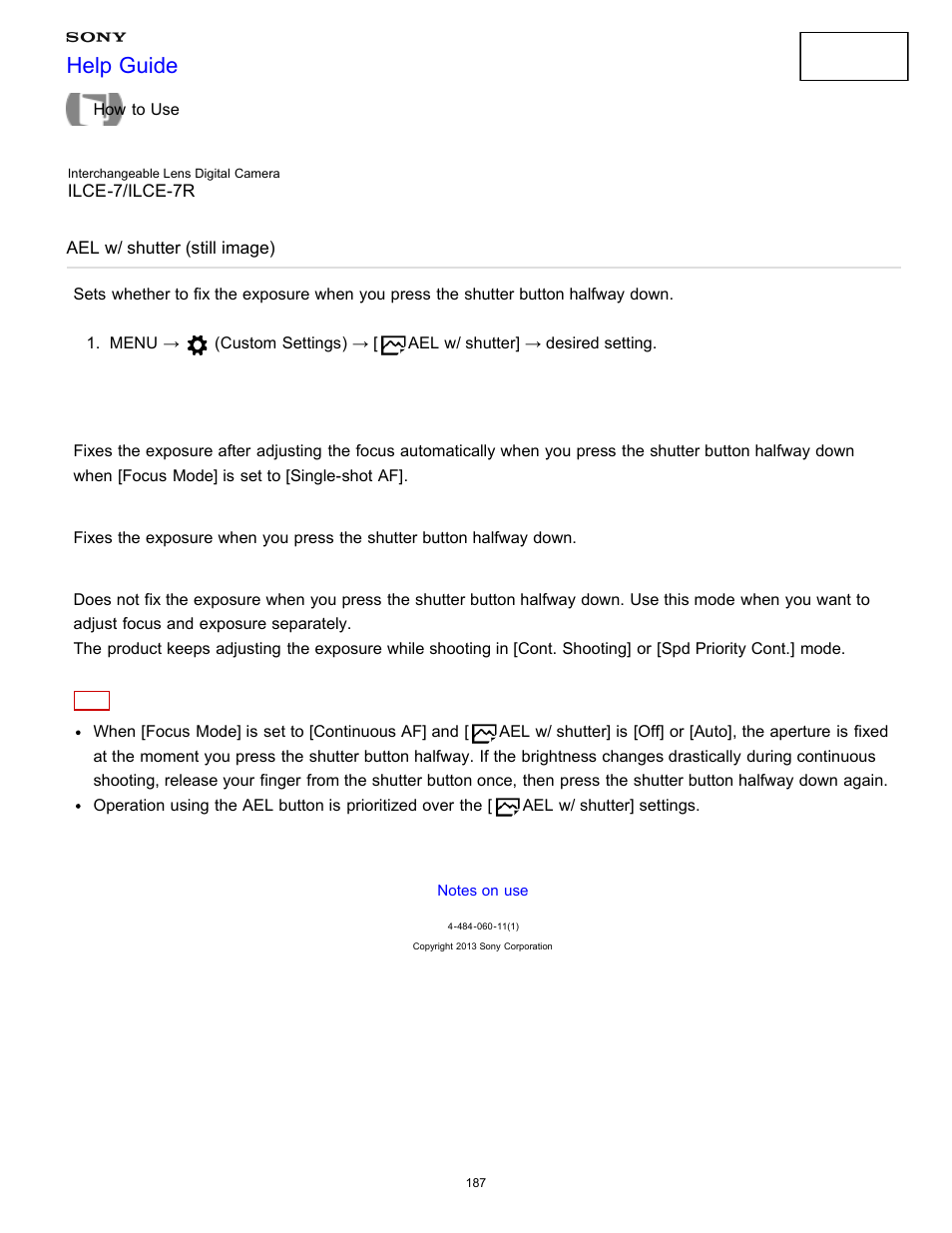 Ael w/ shutter (still image), Help guide | Sony ILCE-7K User Manual | Page 196 / 455