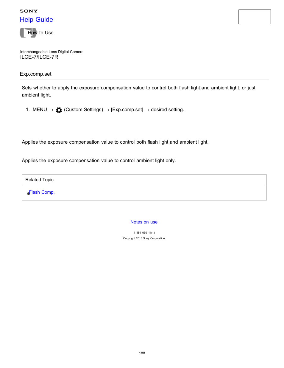 Exp.comp.set, Help guide | Sony ILCE-7K User Manual | Page 197 / 455