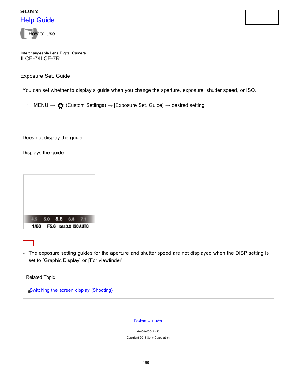 Exposure set. guide, Help guide | Sony ILCE-7K User Manual | Page 199 / 455