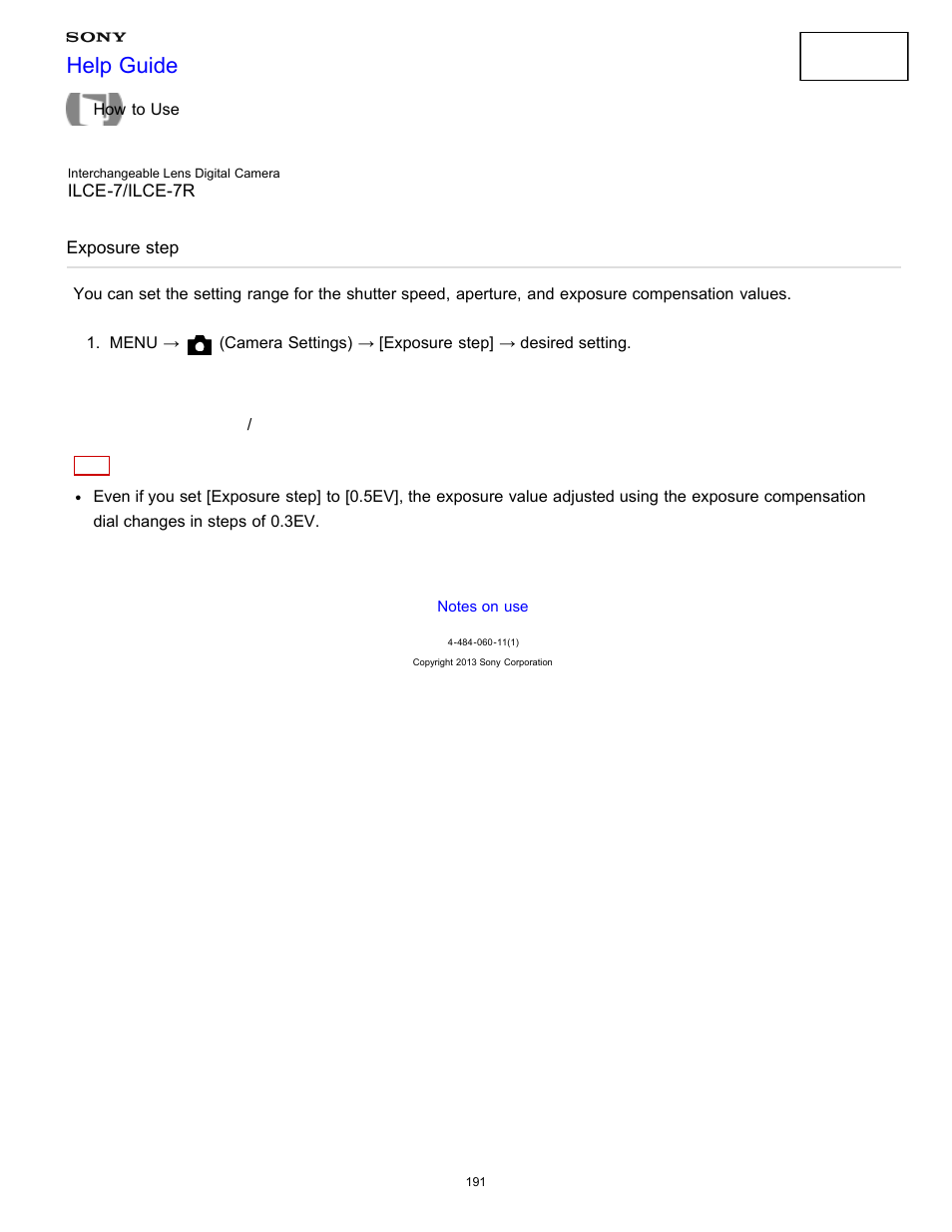 Exposure step, Help guide | Sony ILCE-7K User Manual | Page 200 / 455