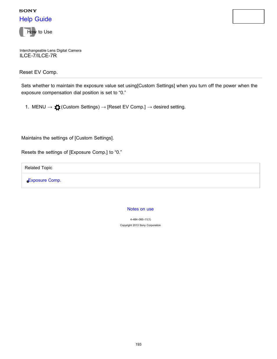 Reset ev comp, Help guide | Sony ILCE-7K User Manual | Page 202 / 455