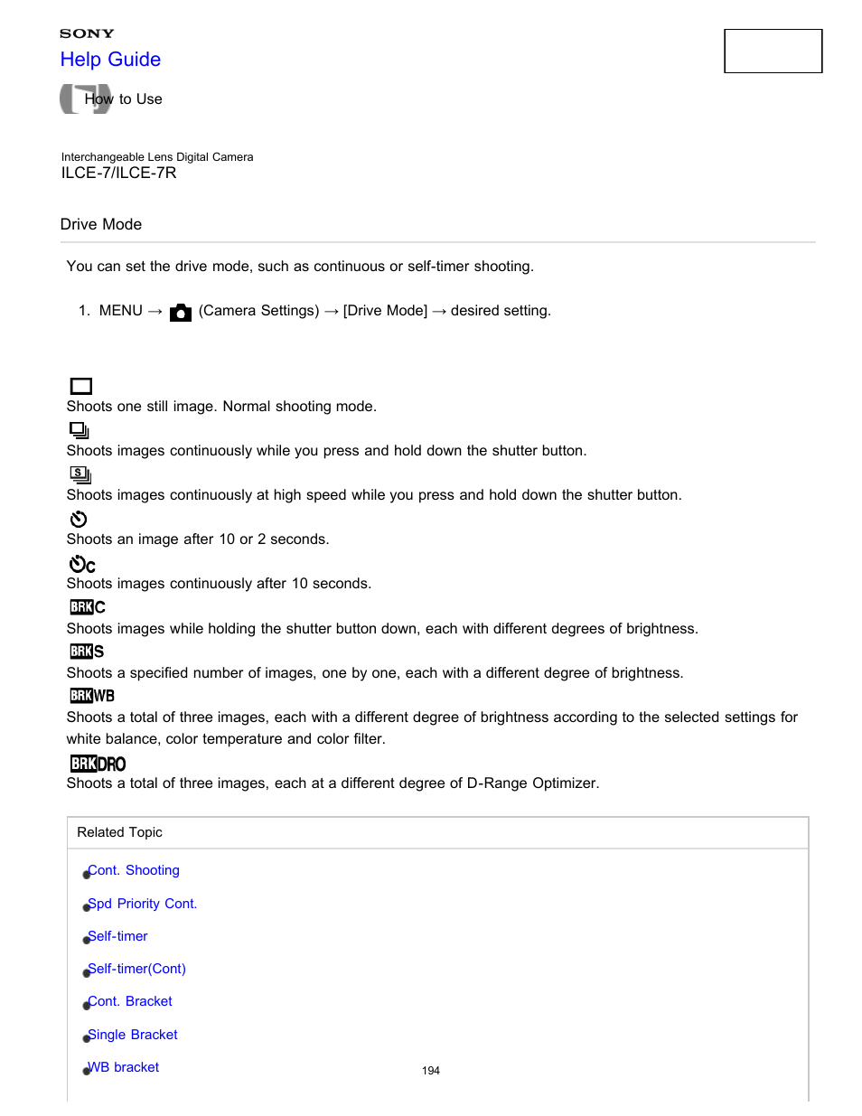 Drive mode, Help guide | Sony ILCE-7K User Manual | Page 203 / 455