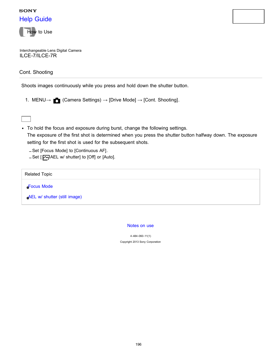 Cont. shooting, Help guide | Sony ILCE-7K User Manual | Page 205 / 455