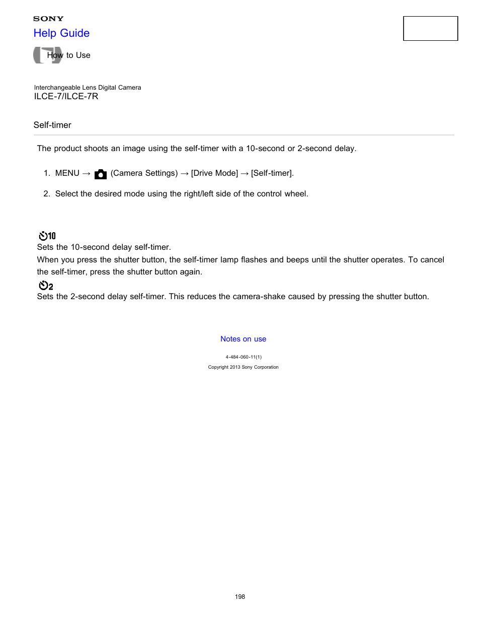 Self-timer, Help guide | Sony ILCE-7K User Manual | Page 207 / 455