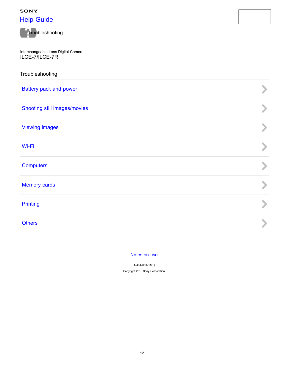 Troubleshooting, Help guide | Sony ILCE-7K User Manual | Page 21 / 455