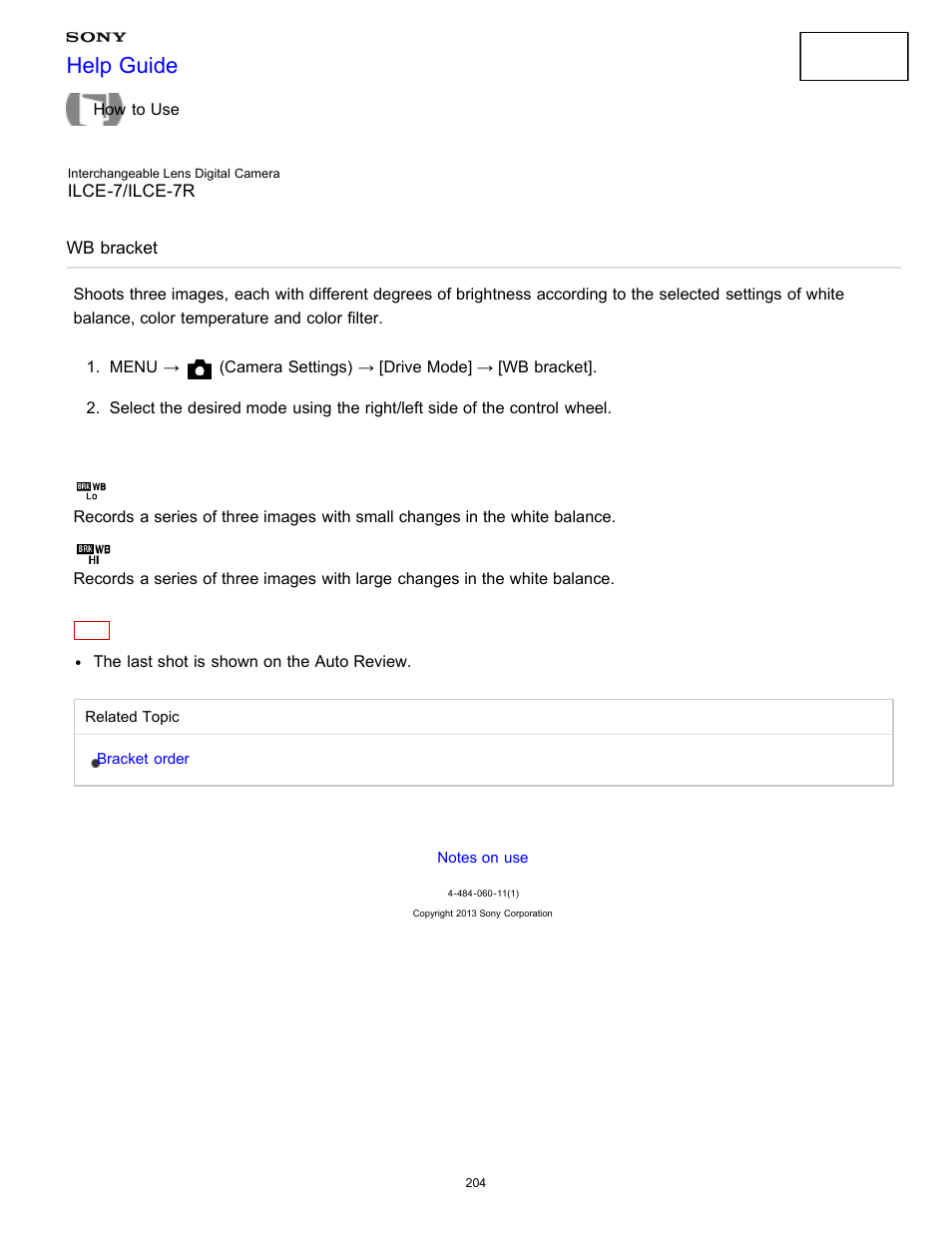 Wb bracket, Help guide | Sony ILCE-7K User Manual | Page 213 / 455