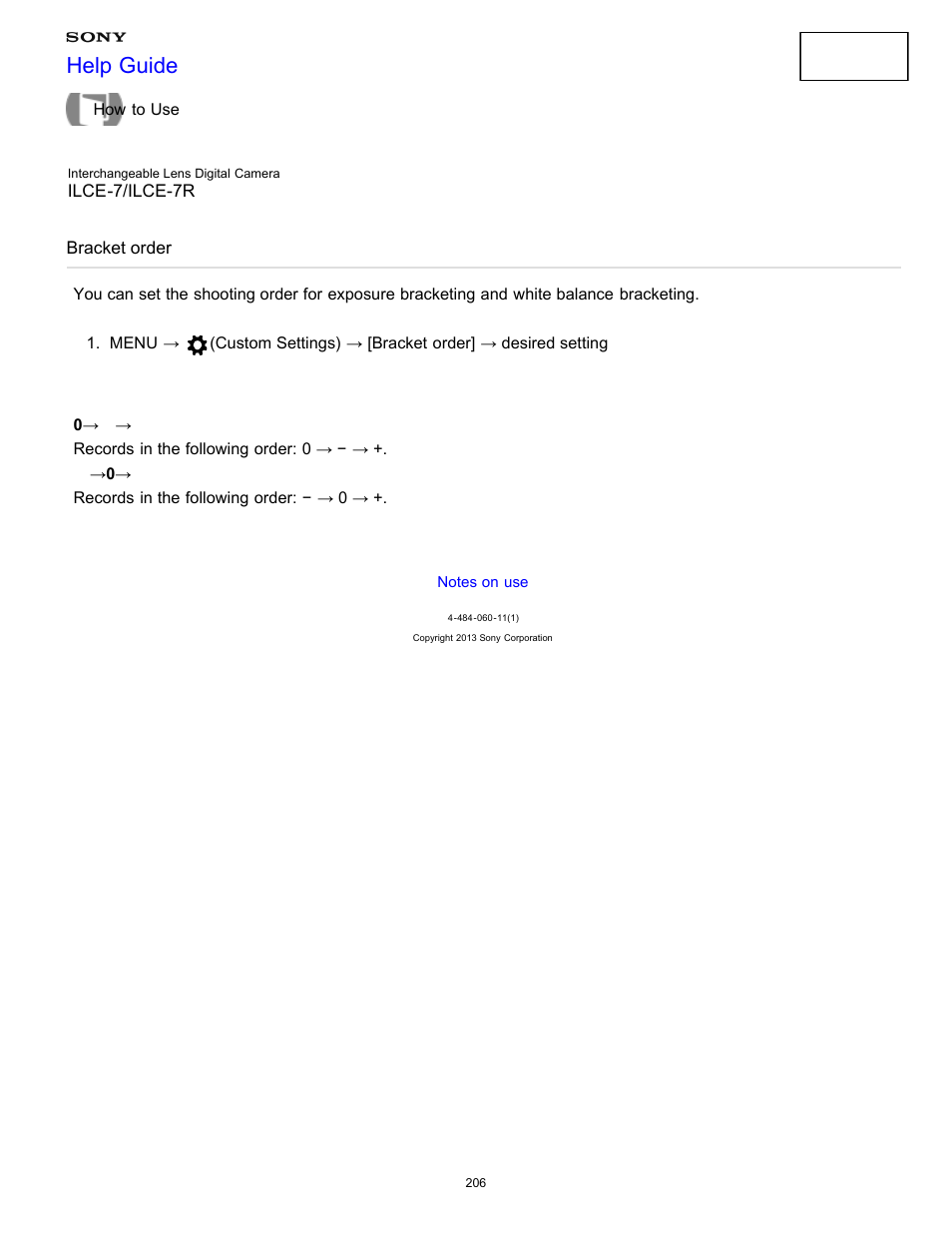 Bracket order, Help guide | Sony ILCE-7K User Manual | Page 215 / 455