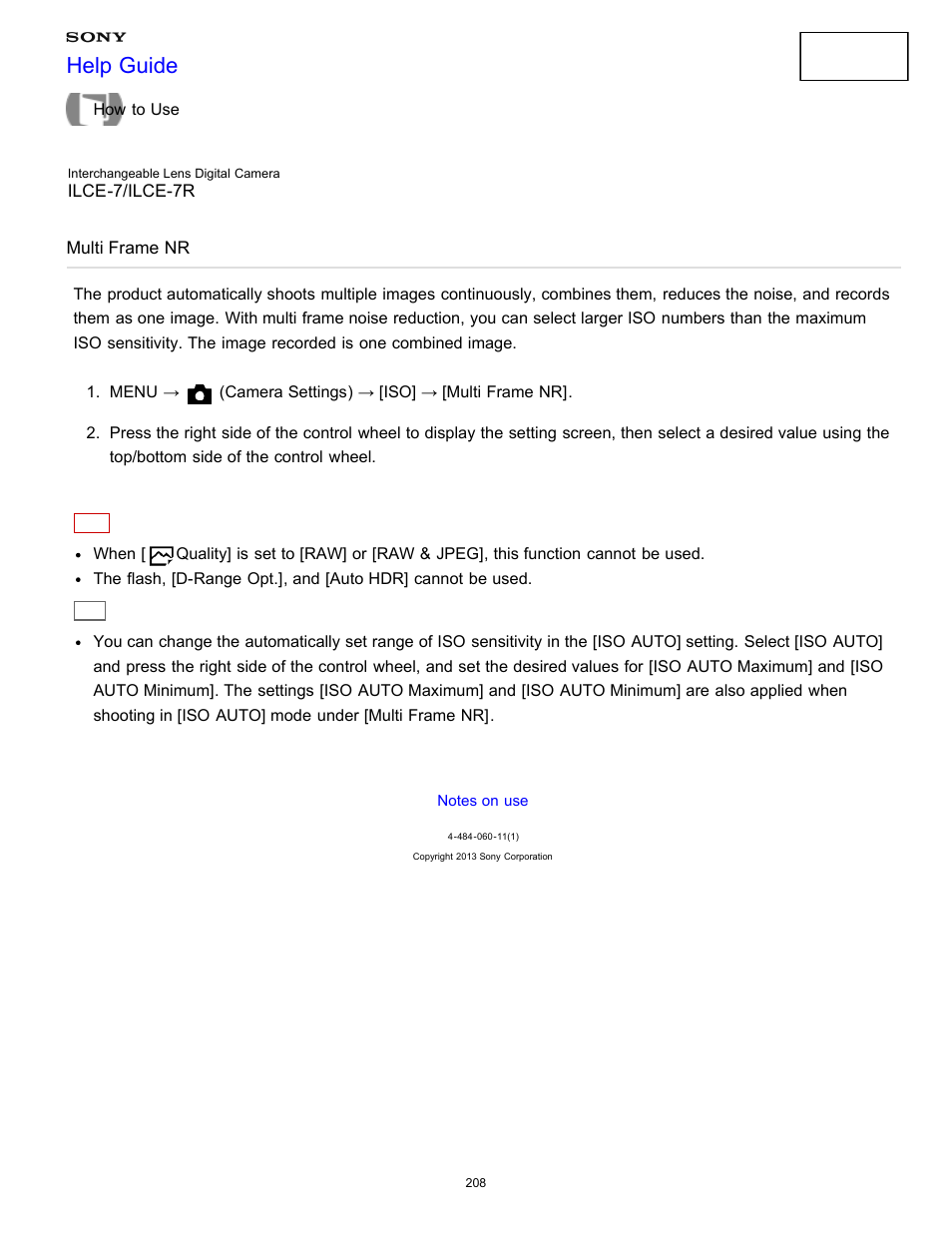 Multi frame nr, Help guide | Sony ILCE-7K User Manual | Page 217 / 455