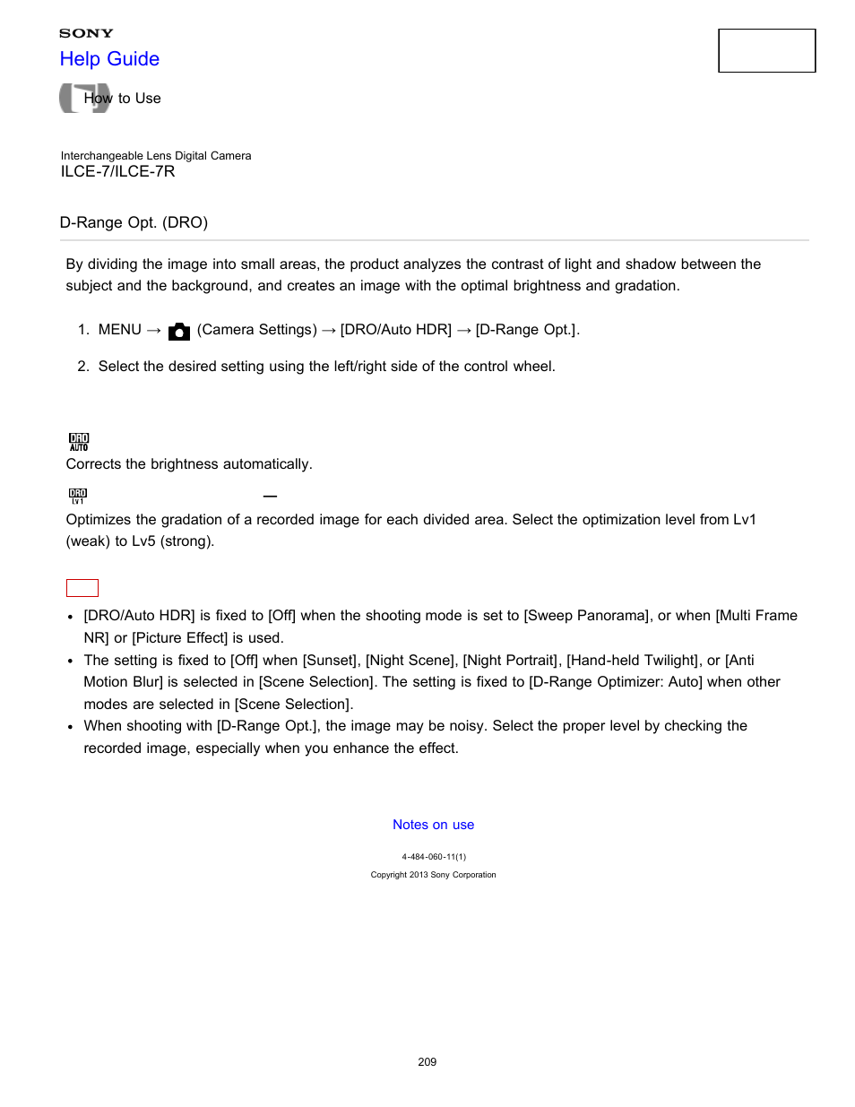 D-range opt. (dro), Help guide | Sony ILCE-7K User Manual | Page 218 / 455