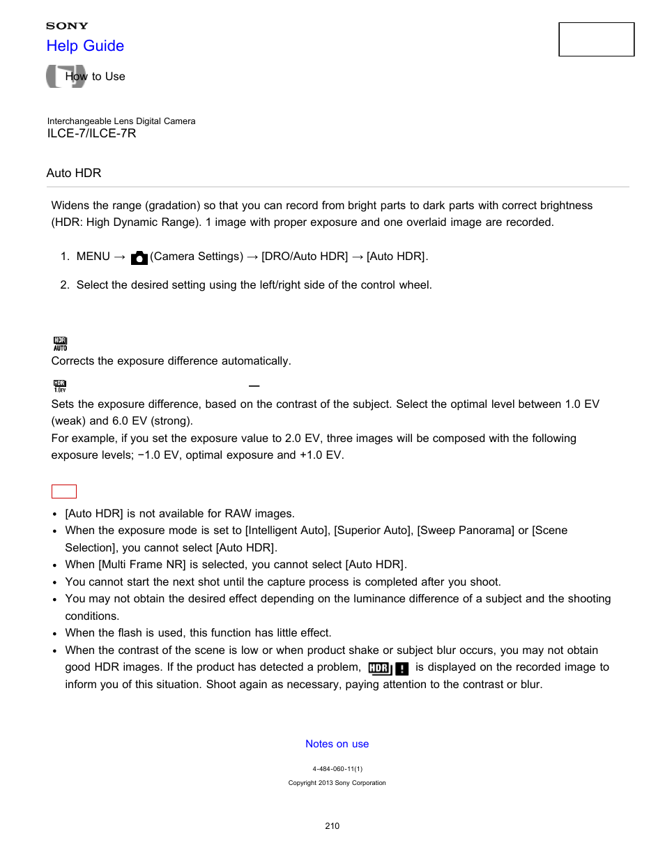 Auto hdr, Help guide | Sony ILCE-7K User Manual | Page 219 / 455