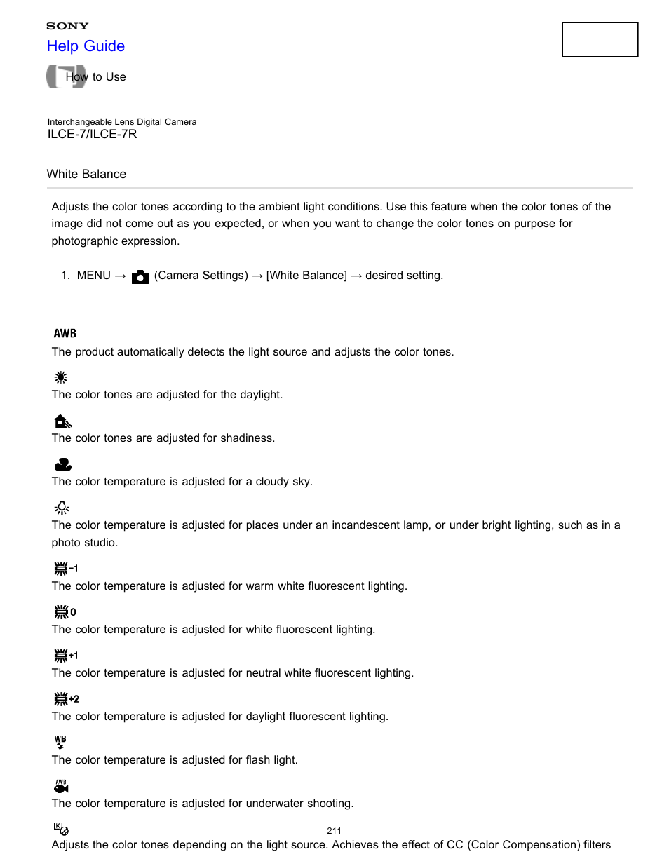 White balance, Help guide | Sony ILCE-7K User Manual | Page 220 / 455