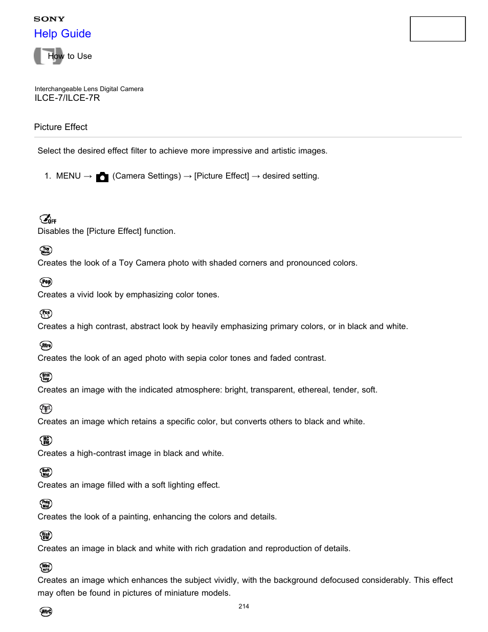 Picture effect, Help guide | Sony ILCE-7K User Manual | Page 223 / 455