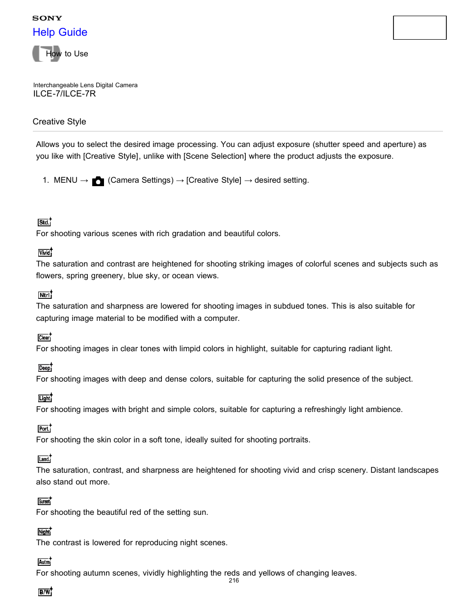 Creative style, Help guide | Sony ILCE-7K User Manual | Page 225 / 455