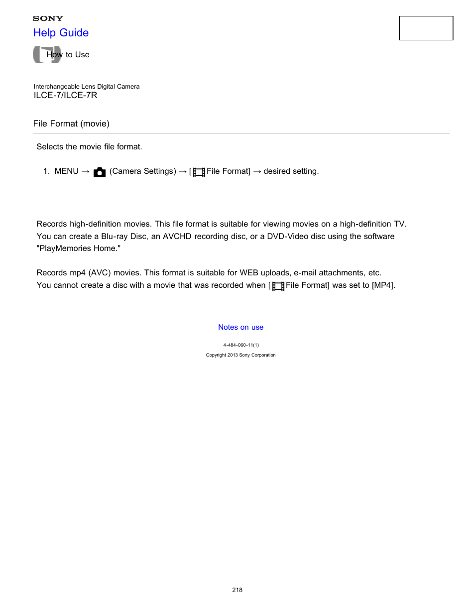 File format (movie), Selects the movie file format, Help guide | Sony ILCE-7K User Manual | Page 227 / 455