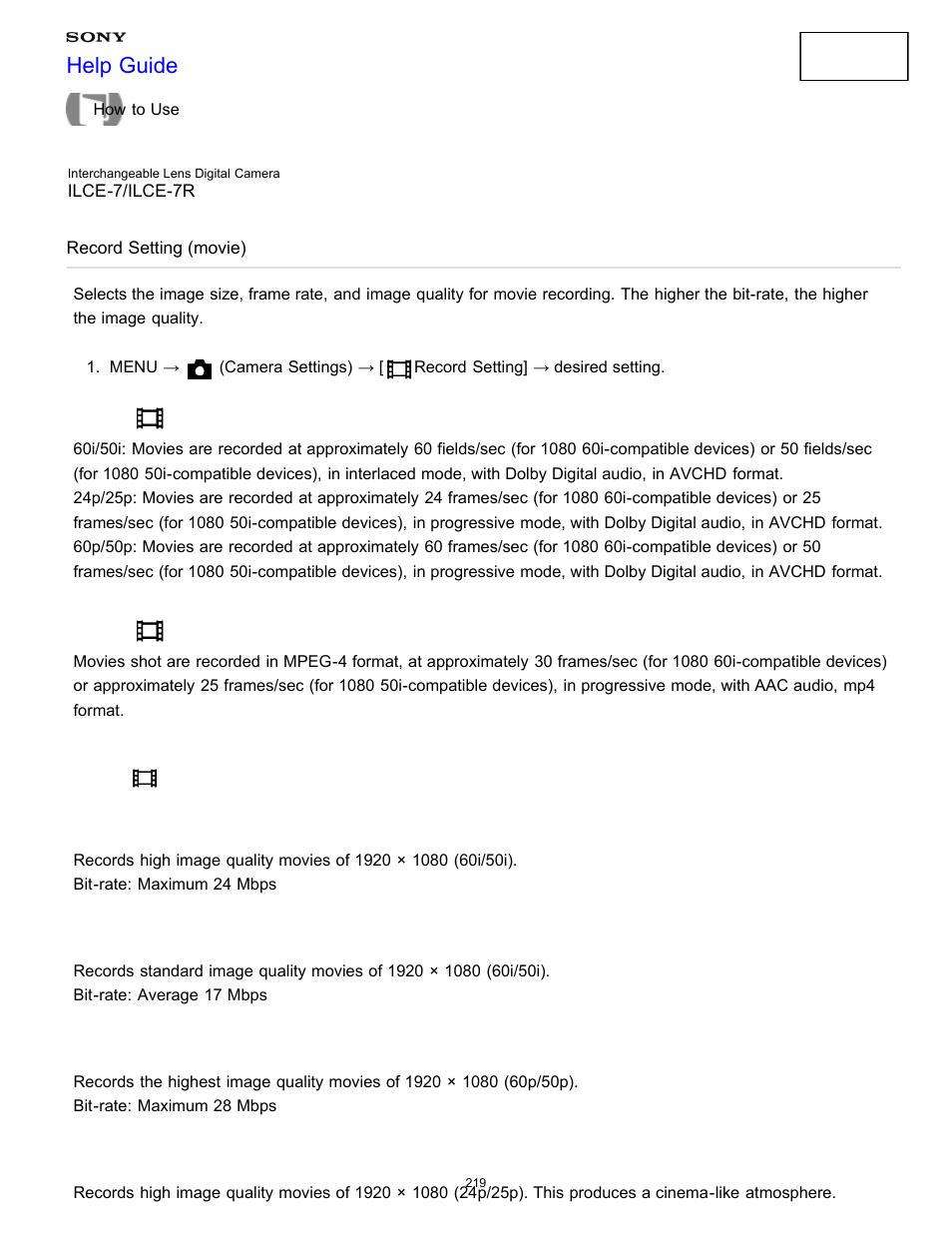 Record setting (movie), Help guide | Sony ILCE-7K User Manual | Page 228 / 455