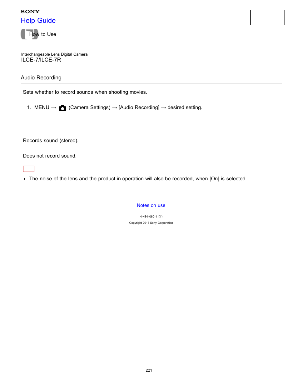 Audio recording, Sets whether to record sounds when shooting movies, Help guide | Sony ILCE-7K User Manual | Page 230 / 455