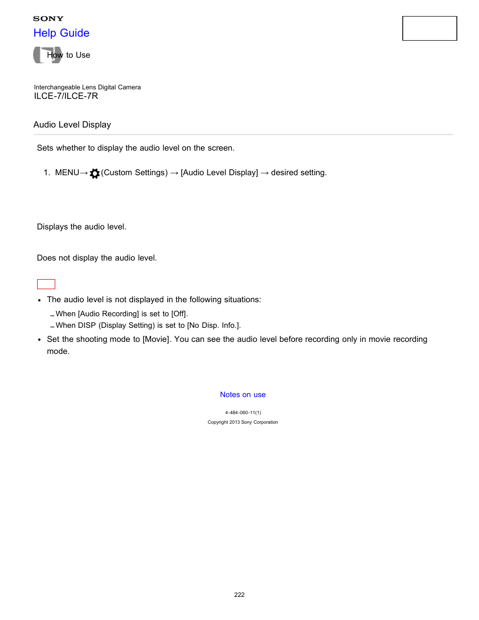 Audio level display, Help guide | Sony ILCE-7K User Manual | Page 231 / 455