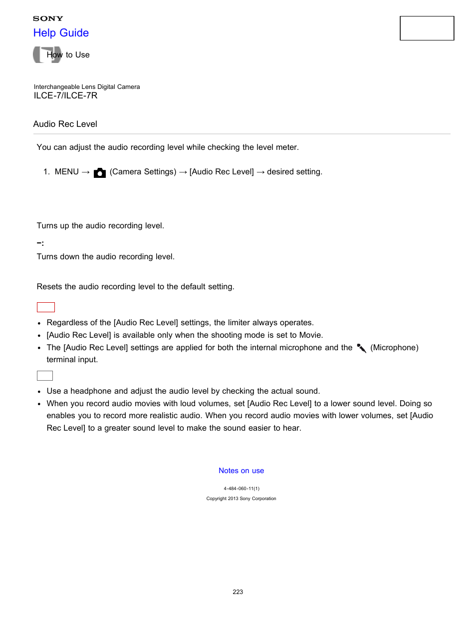 Audio rec level, Help guide | Sony ILCE-7K User Manual | Page 232 / 455