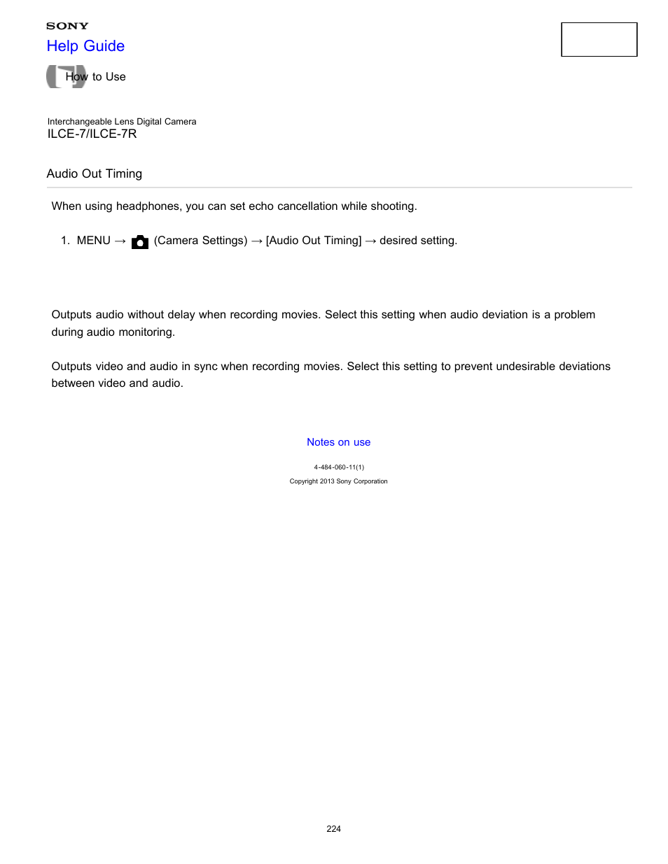 Audio out timing, Help guide | Sony ILCE-7K User Manual | Page 233 / 455