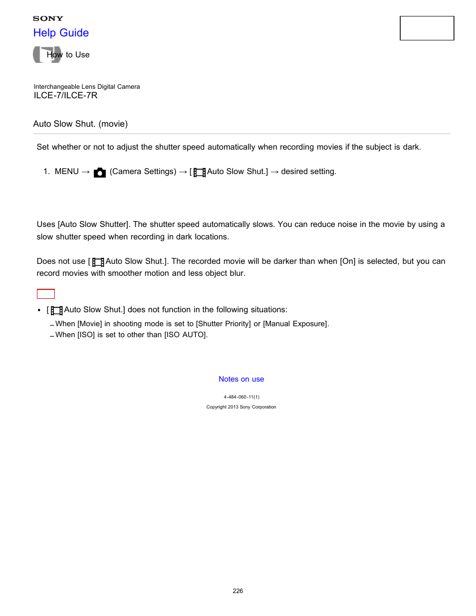 Auto slow shut. (movie), Help guide | Sony ILCE-7K User Manual | Page 235 / 455