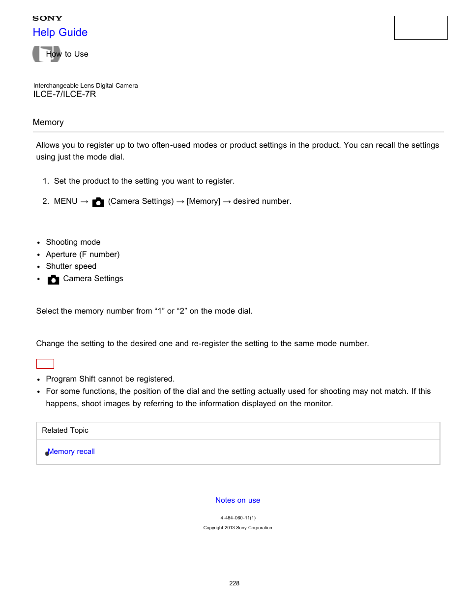 Memory, Help guide | Sony ILCE-7K User Manual | Page 237 / 455