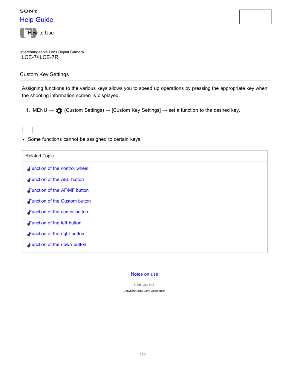 Custom key settings, Help guide | Sony ILCE-7K User Manual | Page 239 / 455