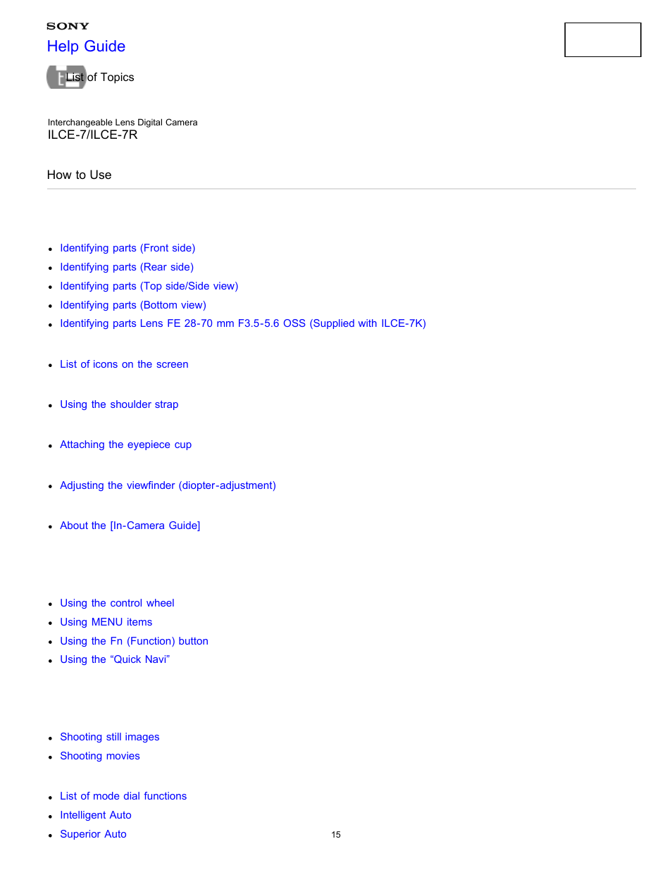 Names of parts, How to use, Help guide | Sony ILCE-7K User Manual | Page 24 / 455