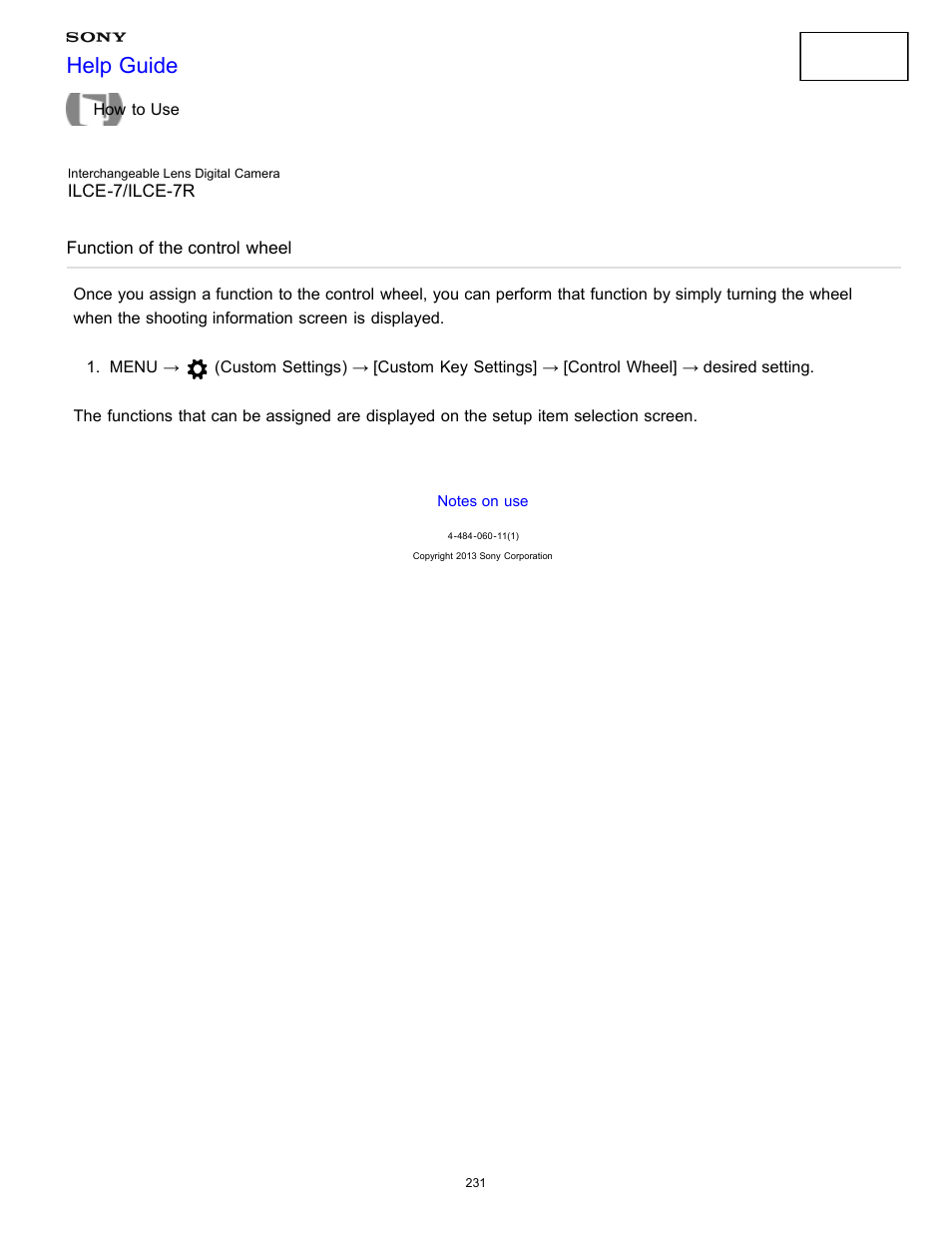 Function of the control wheel, Help guide | Sony ILCE-7K User Manual | Page 240 / 455