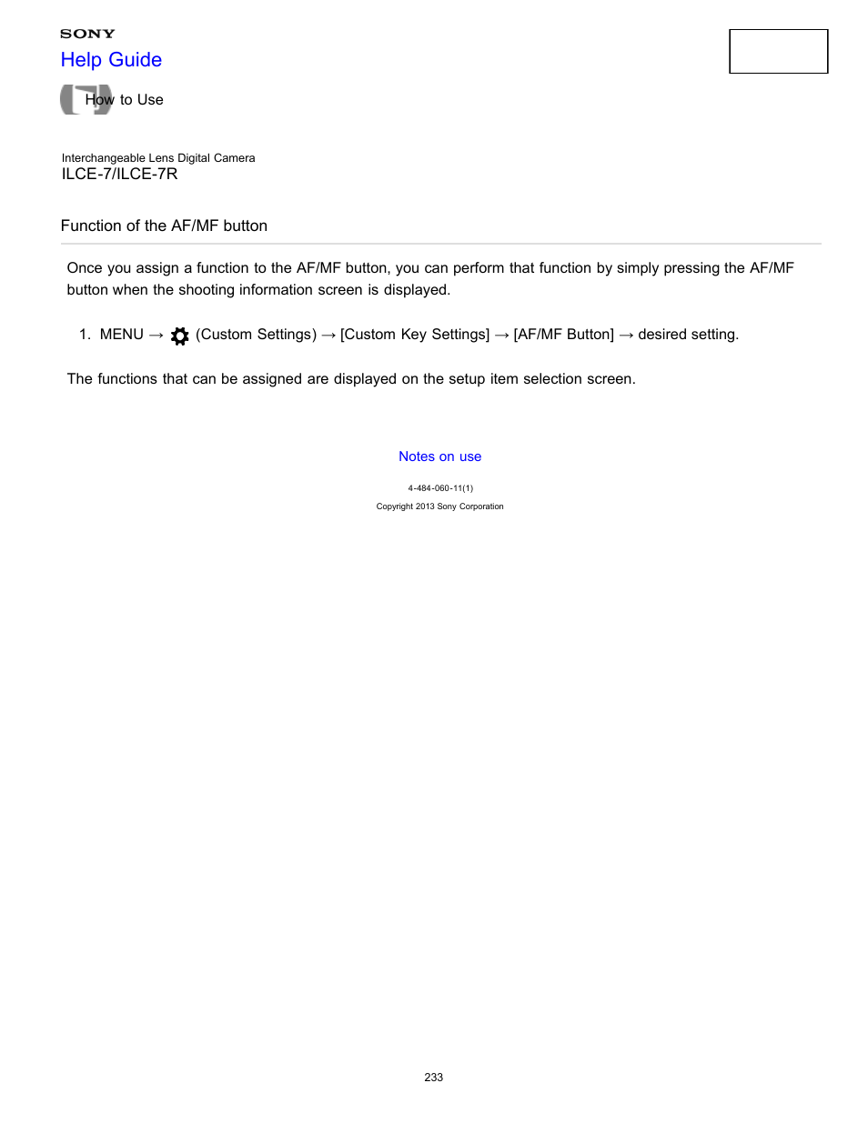 Function of the af/mf button, Help guide | Sony ILCE-7K User Manual | Page 242 / 455