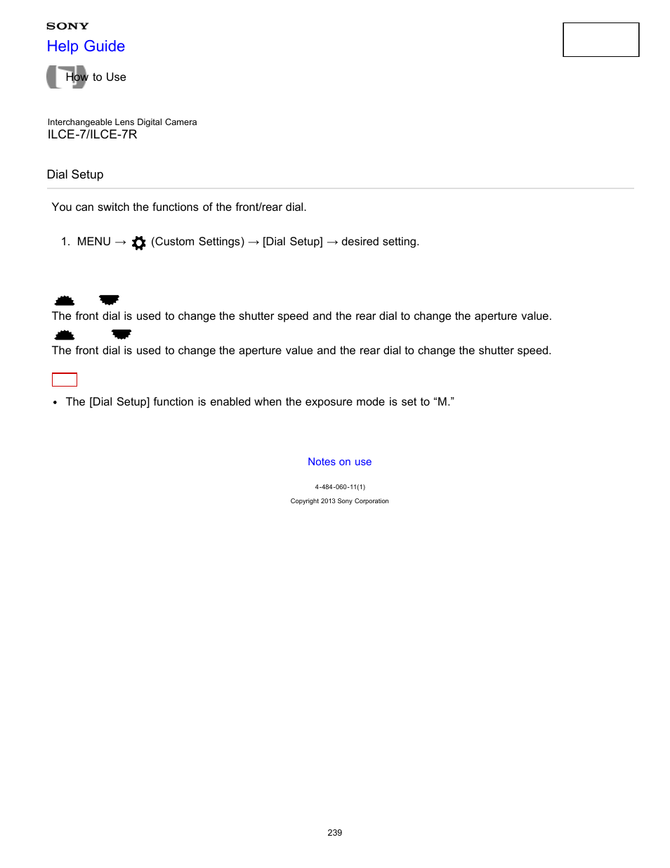 Dial setup, Help guide | Sony ILCE-7K User Manual | Page 248 / 455