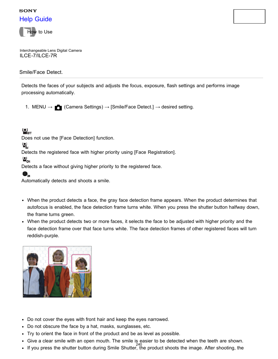 Smile/face detect, Help guide | Sony ILCE-7K User Manual | Page 249 / 455