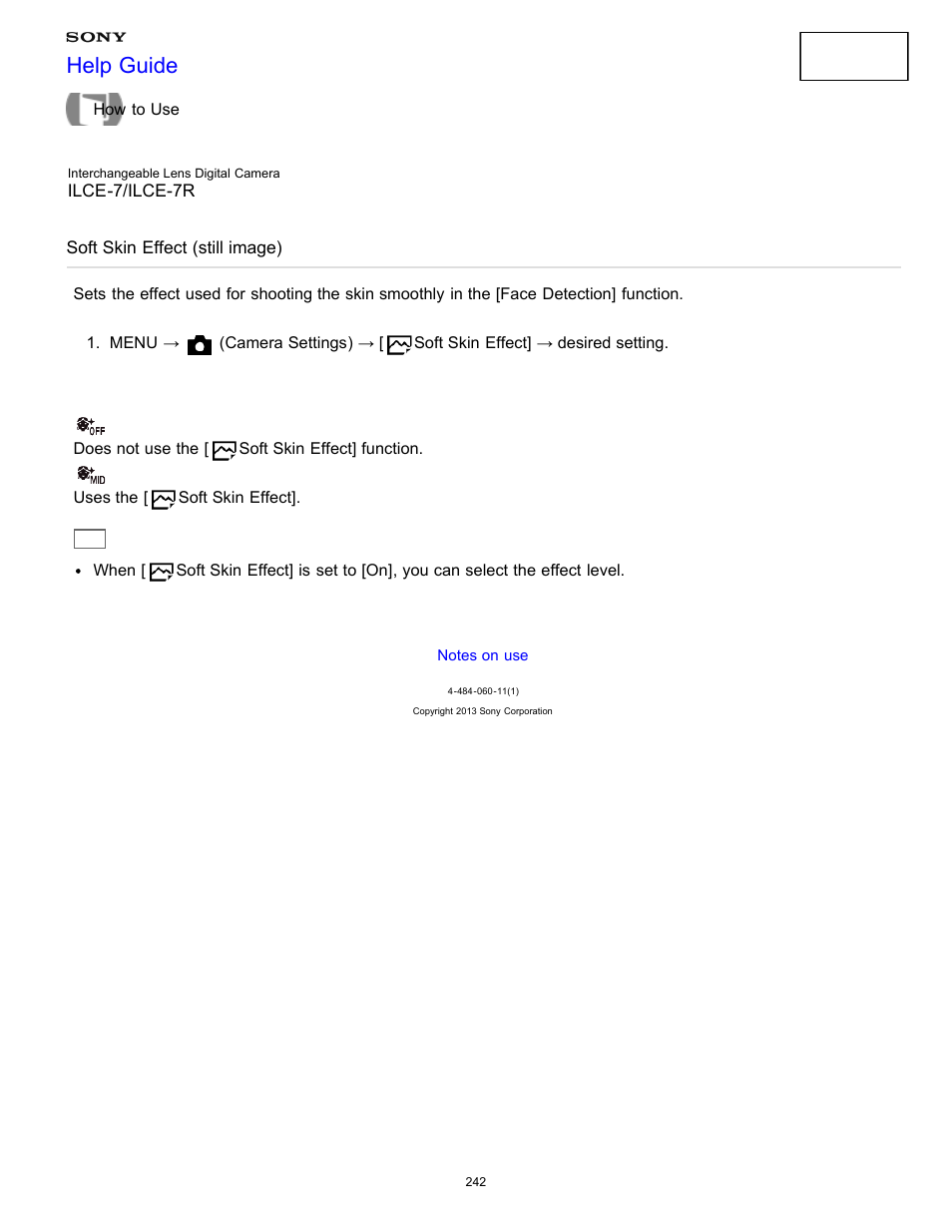 Soft skin effect (still image), Help guide | Sony ILCE-7K User Manual | Page 251 / 455