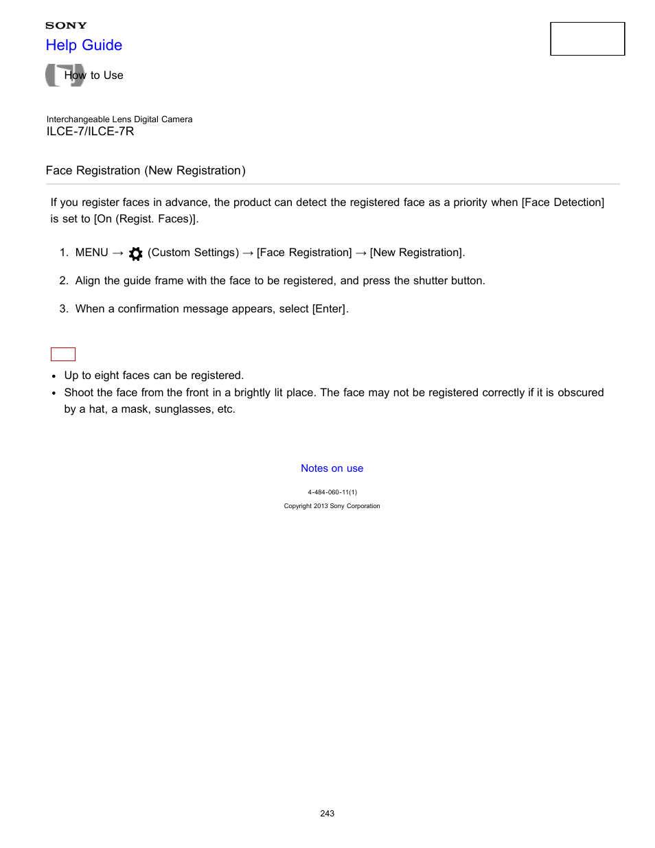 Face registration (new registration), Help guide | Sony ILCE-7K User Manual | Page 252 / 455