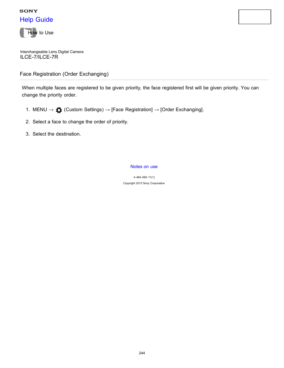 Face registration (order exchanging), Help guide | Sony ILCE-7K User Manual | Page 253 / 455