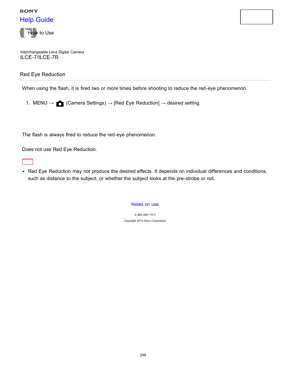 Red eye reduction, Help guide | Sony ILCE-7K User Manual | Page 255 / 455