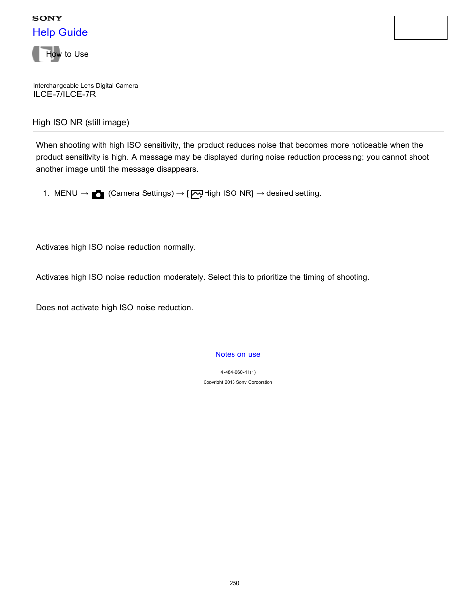High iso nr (still image), Help guide | Sony ILCE-7K User Manual | Page 259 / 455