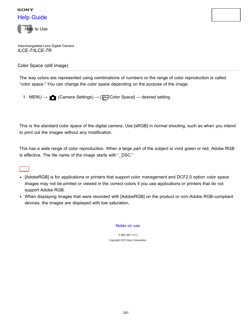 Color space (still image), Help guide | Sony ILCE-7K User Manual | Page 260 / 455