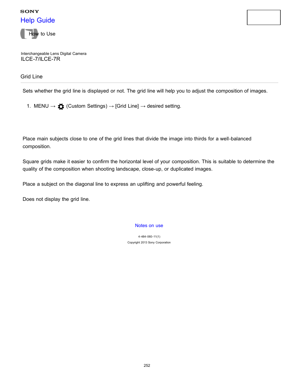 Grid line, Help guide | Sony ILCE-7K User Manual | Page 261 / 455