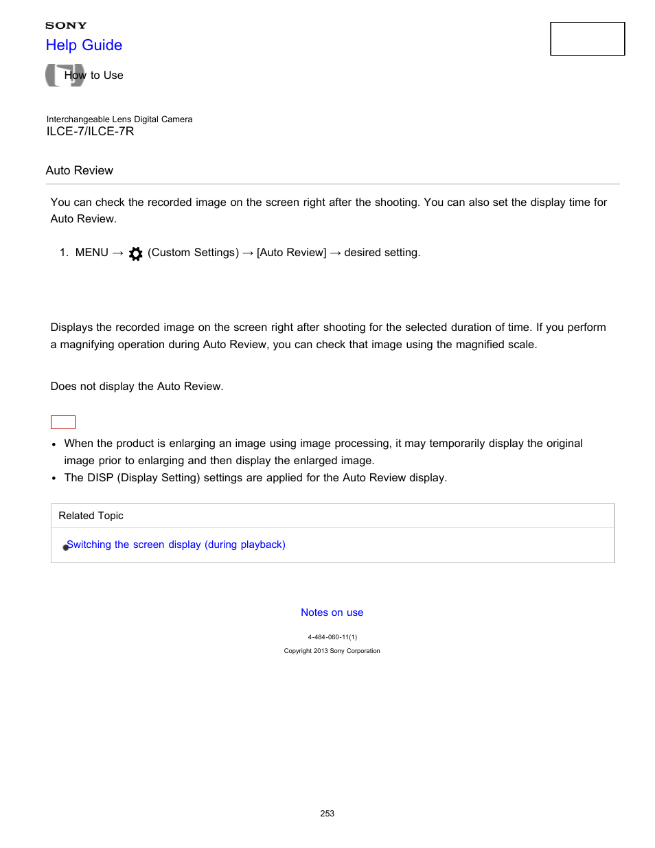 Auto review, Help guide | Sony ILCE-7K User Manual | Page 262 / 455