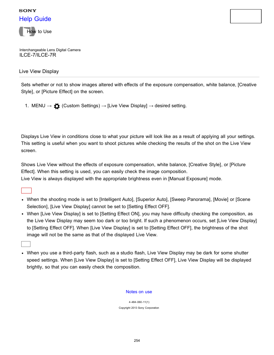 Live view display, Help guide | Sony ILCE-7K User Manual | Page 263 / 455